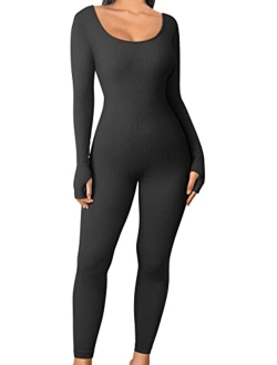 Women's Yoga Jumpsuits One Piece Ribbed Workout Rompers Long Sleeve Exercise Jumpsuits