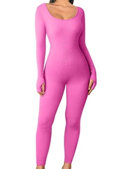 Women's Yoga Jumpsuits One Piece Ribbed Workout Rompers Long Sleeve Exercise Jumpsuits