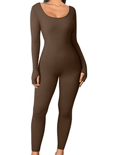 OQQ Women's Yoga Jumpsuits One Piece Ribbed Workout Rompers Long Sleeve Exercise Jumpsuits