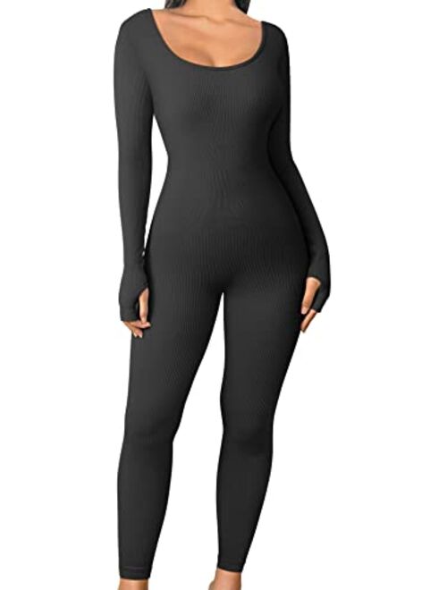 OQQ Women's Yoga Jumpsuits One Piece Ribbed Workout Rompers Long Sleeve Exercise Jumpsuits