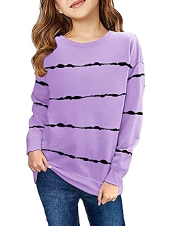 Haloumoning Girls Striped Color Block Sweatshirts Kids Tie Dye Crewneck Long Sleeve Pullover Tops 4-15 Years