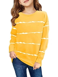 Haloumoning Girls Striped Color Block Sweatshirts Kids Tie Dye Crewneck Long Sleeve Pullover Tops 4-15 Years