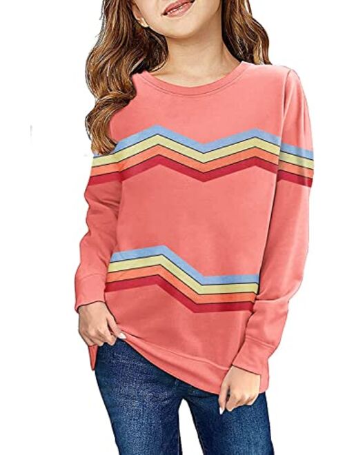 Haloumoning Girls Striped Color Block Sweatshirts Kids Tie Dye Crewneck Long Sleeve Pullover Tops 4-15 Years