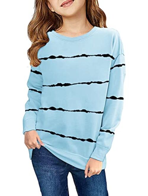 Haloumoning Girls Striped Color Block Sweatshirts Kids Tie Dye Crewneck Long Sleeve Pullover Tops 4-15 Years