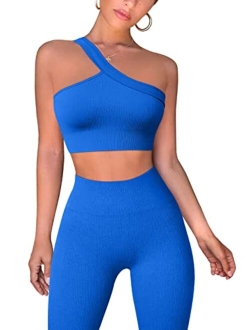 Workout Outfits for Women 2 Piece Ribbed Exercise One Shoulder Tops High Waist Leggings Active Yoga Set