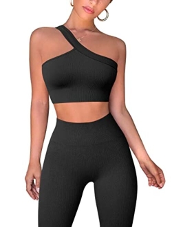 Workout Outfits for Women 2 Piece Ribbed Exercise One Shoulder Tops High Waist Leggings Active Yoga Set