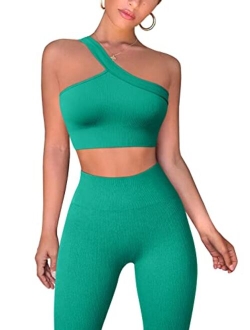 Workout Outfits for Women 2 Piece Ribbed Exercise One Shoulder Tops High Waist Leggings Active Yoga Set