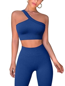 Workout Outfits for Women 2 Piece Ribbed Exercise One Shoulder Tops High Waist Leggings Active Yoga Set