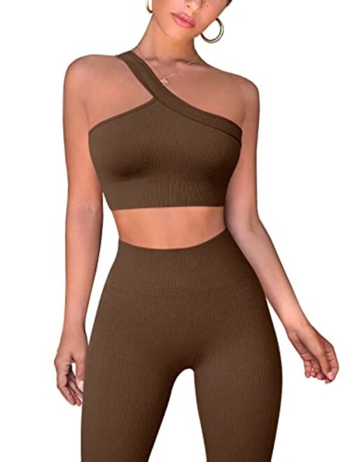 OQQ Workout Outfits for Women 2 Piece Ribbed Exercise One Shoulder Tops High Waist Leggings Active Yoga Set