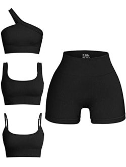 Women's 4 Piece Outfits Ribbed Seamless Exercise Scoop Neck Sports Bra One Shoulder Tops High Waist Shorts Active Set