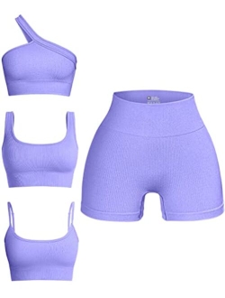 Women's 4 Piece Outfits Ribbed Seamless Exercise Scoop Neck Sports Bra One Shoulder Tops High Waist Shorts Active Set