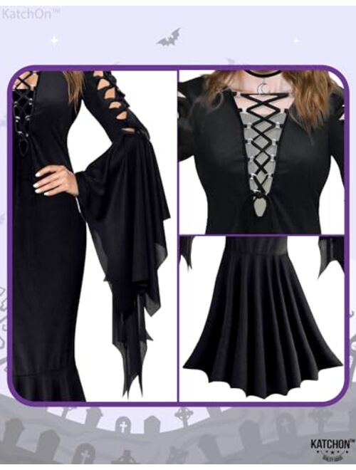 KatchOn, Gothic Witch Costume for Women - Adult Black Witch Dress Long Sleeve with Collar Choker and Skull, Halloween Cosplay