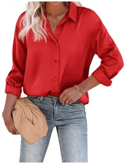 Chigant Women's Blouse Satin Silk Shirts Button Down Shirts Casual Loose Long Sleeve Office Work Tunic Tops