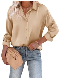 Chigant Women's Blouse Satin Silk Shirts Button Down Shirts Casual Loose Long Sleeve Office Work Tunic Tops