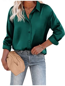 Chigant Women's Blouse Satin Silk Shirts Button Down Shirts Casual Loose Long Sleeve Office Work Tunic Tops