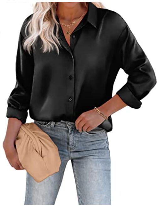 Chigant Women's Blouse Satin Silk Shirts Button Down Shirts Casual Loose Long Sleeve Office Work Tunic Tops