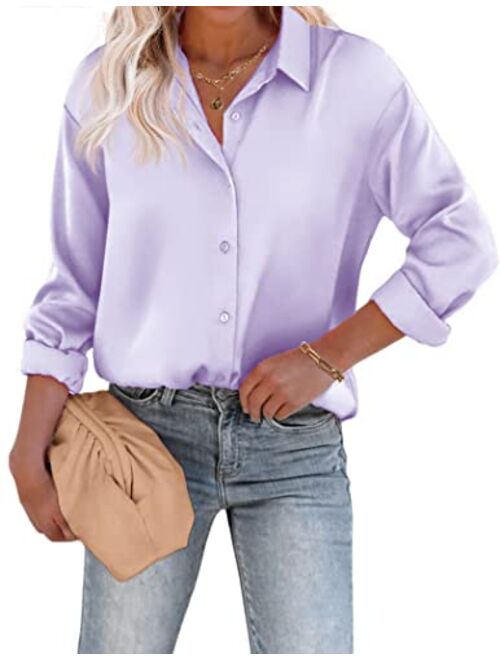 Chigant Women's Blouse Satin Silk Shirts Button Down Shirts Casual Loose Long Sleeve Office Work Tunic Tops