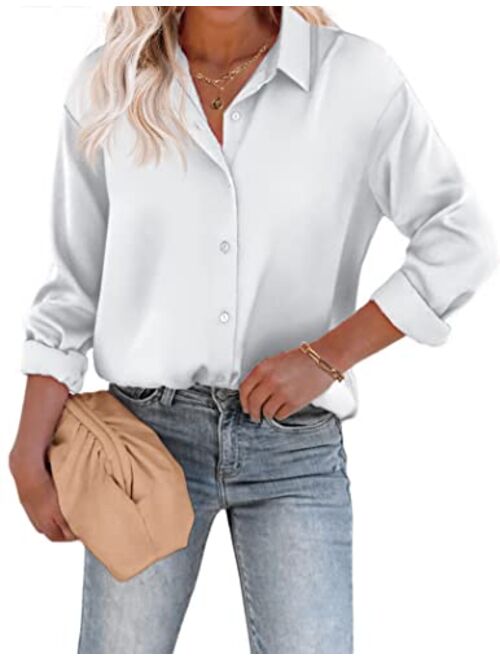 Chigant Women's Blouse Satin Silk Shirts Button Down Shirts Casual Loose Long Sleeve Office Work Tunic Tops