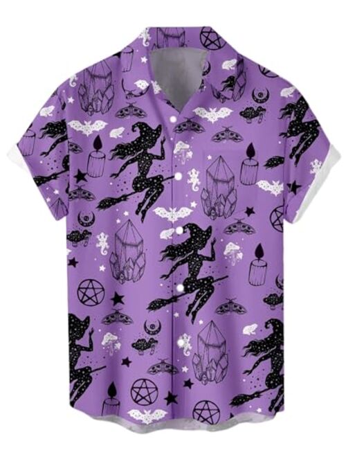 WHO IN SHOP Men's Halloween Short Sleeve Button Down Shirts Hawaiian Casual Printed Beach Shirt