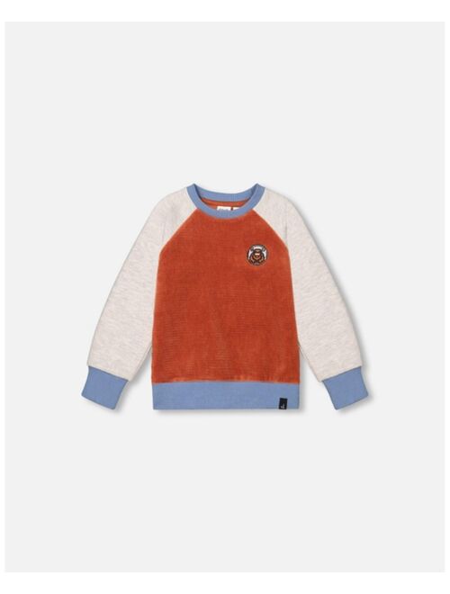 DEUX PAR DEUX Boy Color Block Raglan Velvet Rib Sweatshirt Burnt Orange - Toddler|Child