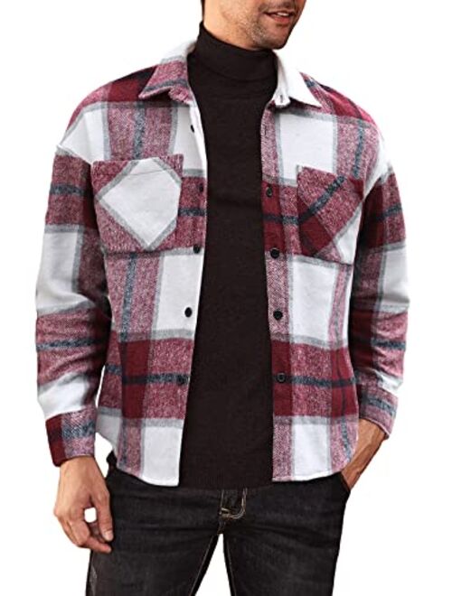 JMIERR Mens Flannel Shirts Shackets Casual Button Down Long Sleeve Plaid Shirt Lightweight Jackets with Pockets