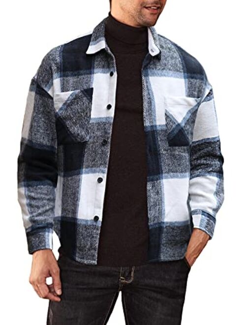 JMIERR Mens Flannel Shirts Shackets Casual Button Down Long Sleeve Plaid Shirt Lightweight Jackets with Pockets