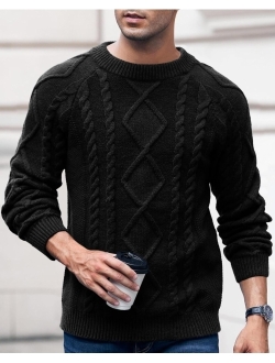 Makkrom Mens Cable Knit Pullover Sweater Winter Crew Neck Long Sleeve Ribbed Vintage Sweaters