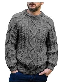 Makkrom Mens Cable Knit Pullover Sweater Winter Crew Neck Long Sleeve Ribbed Vintage Sweaters