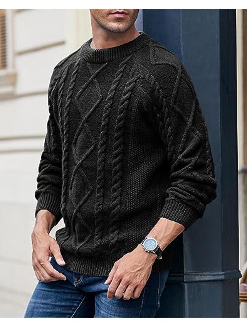 Makkrom Mens Cable Knit Pullover Sweater Winter Crew Neck Long Sleeve Ribbed Vintage Sweaters