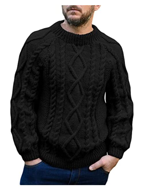 Makkrom Mens Cable Knit Pullover Sweater Winter Crew Neck Long Sleeve Ribbed Vintage Sweaters