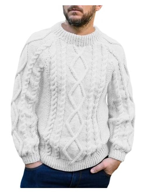 Makkrom Mens Cable Knit Pullover Sweater Winter Crew Neck Long Sleeve Ribbed Vintage Sweaters