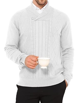 NITAGUT Mens Shawl Collar Pullover Sweater Slim Fit Sweater Cable Knit Pullover V Neck Soft Casual Button Sweater for Man