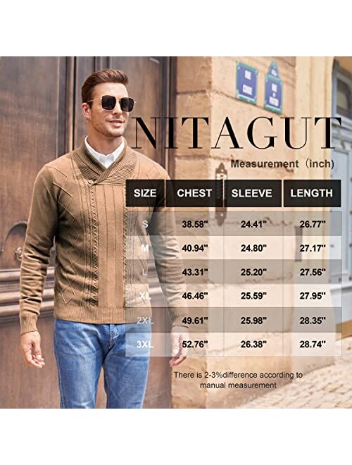 NITAGUT Mens Shawl Collar Pullover Sweater Slim Fit Sweater Cable Knit Pullover V Neck Soft Casual Button Sweater for Man