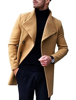 Angeun Mens Trench Coat Notched Lapel Single Breasted Windbreaker Casual Long Pea Coat Winter Business Jacket