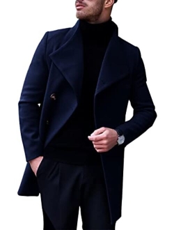 Angeun Mens Trench Coat Notched Lapel Single Breasted Windbreaker Casual Long Pea Coat Winter Business Jacket