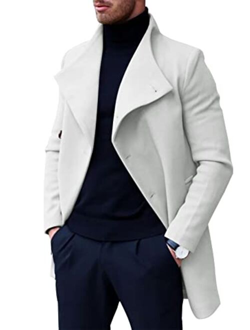 Angeun Mens Trench Coat Notched Lapel Single Breasted Windbreaker Casual Long Pea Coat Winter Business Jacket