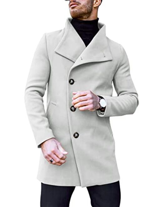 Angeun Mens Trench Coat Notched Lapel Single Breasted Windbreaker Casual Long Pea Coat Winter Business Jacket