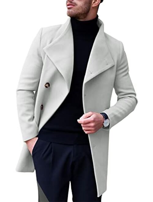 Angeun Mens Trench Coat Notched Lapel Single Breasted Windbreaker Casual Long Pea Coat Winter Business Jacket