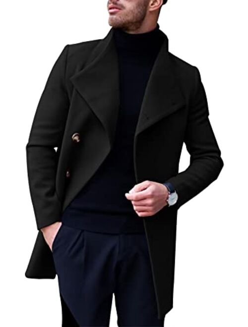 Angeun Mens Trench Coat Notched Lapel Single Breasted Windbreaker Casual Long Pea Coat Winter Business Jacket