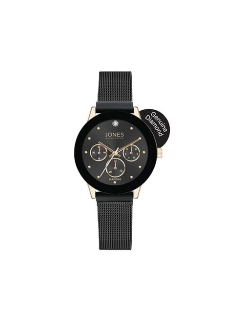 JONES NEW YORK Women's Genuine Diamond Mock Chronograph Black Dial Gold-Tone Case and Mesh Strap Analog Watch 30mm