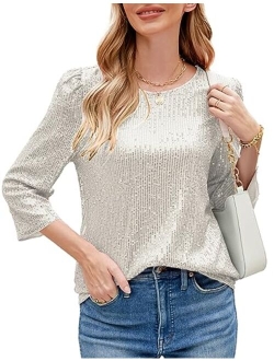 JASAMBAC 3/4 Sleeve Sequin Tops for Women Party Shimmer Embellished Sparkle Glitter Party Puff Tunic Top Blouse