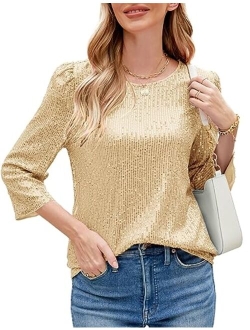 JASAMBAC 3/4 Sleeve Sequin Tops for Women Party Shimmer Embellished Sparkle Glitter Party Puff Tunic Top Blouse