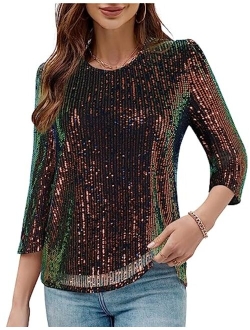 JASAMBAC 3/4 Sleeve Sequin Tops for Women Party Shimmer Embellished Sparkle Glitter Party Puff Tunic Top Blouse