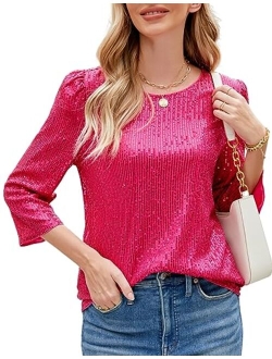 JASAMBAC 3/4 Sleeve Sequin Tops for Women Party Shimmer Embellished Sparkle Glitter Party Puff Tunic Top Blouse