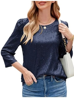 JASAMBAC 3/4 Sleeve Sequin Tops for Women Party Shimmer Embellished Sparkle Glitter Party Puff Tunic Top Blouse