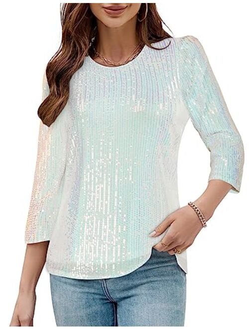 JASAMBAC 3/4 Sleeve Sequin Tops for Women Party Shimmer Embellished Sparkle Glitter Party Puff Tunic Top Blouse