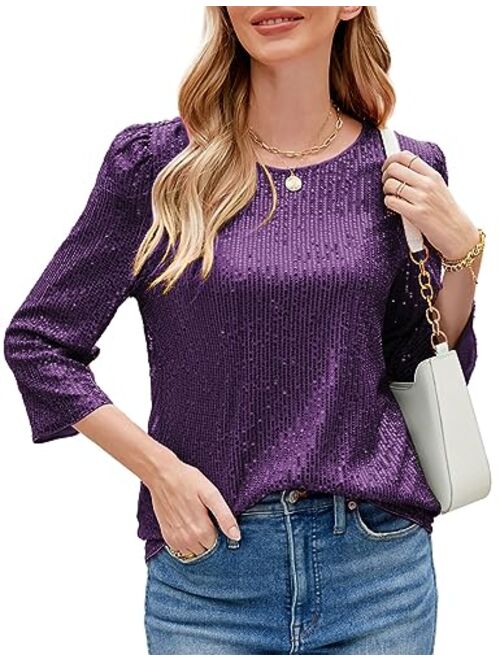 JASAMBAC 3/4 Sleeve Sequin Tops for Women Party Shimmer Embellished Sparkle Glitter Party Puff Tunic Top Blouse