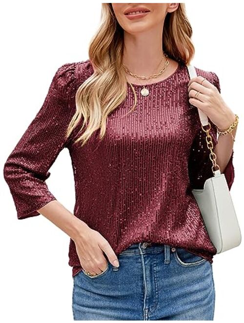 JASAMBAC 3/4 Sleeve Sequin Tops for Women Party Shimmer Embellished Sparkle Glitter Party Puff Tunic Top Blouse