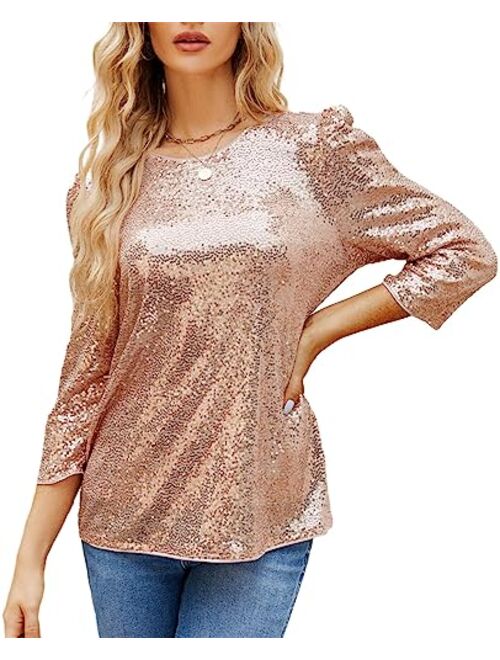 JASAMBAC 3/4 Sleeve Sequin Tops for Women Party Shimmer Embellished Sparkle Glitter Party Puff Tunic Top Blouse