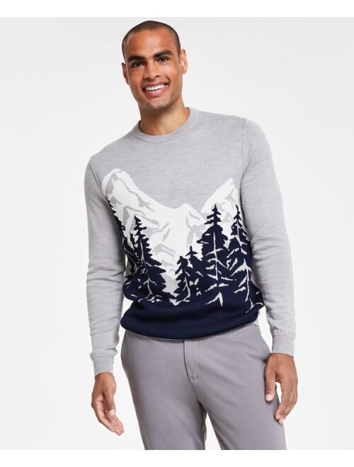 CLUB ROOM Men's Merino Knit Mountain Long Sleeve Crewneck Sweater, Created for Macy's